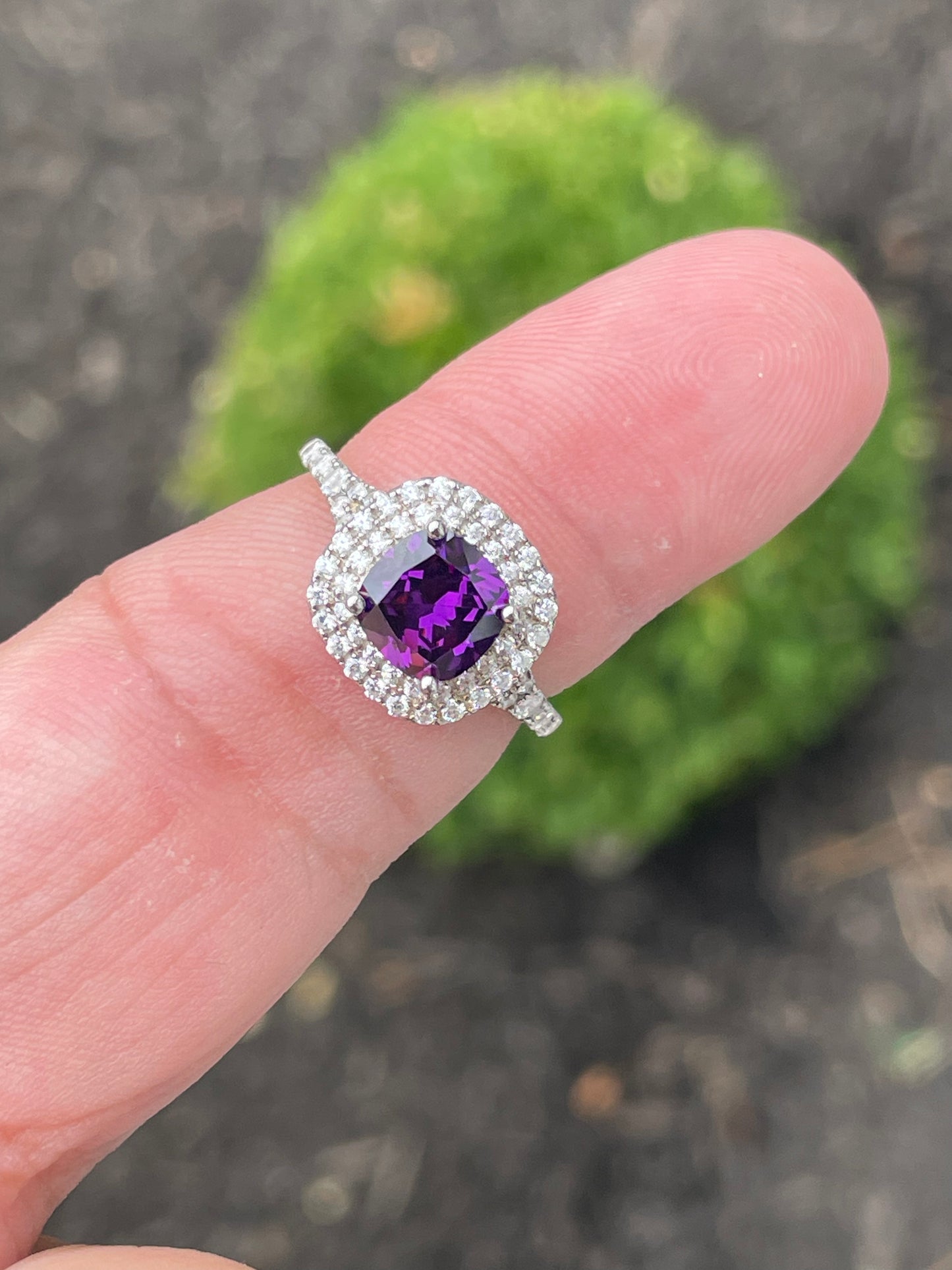 925 Sterling Silver Lab Created Amethyst & Clear Zirconia Halo Ring