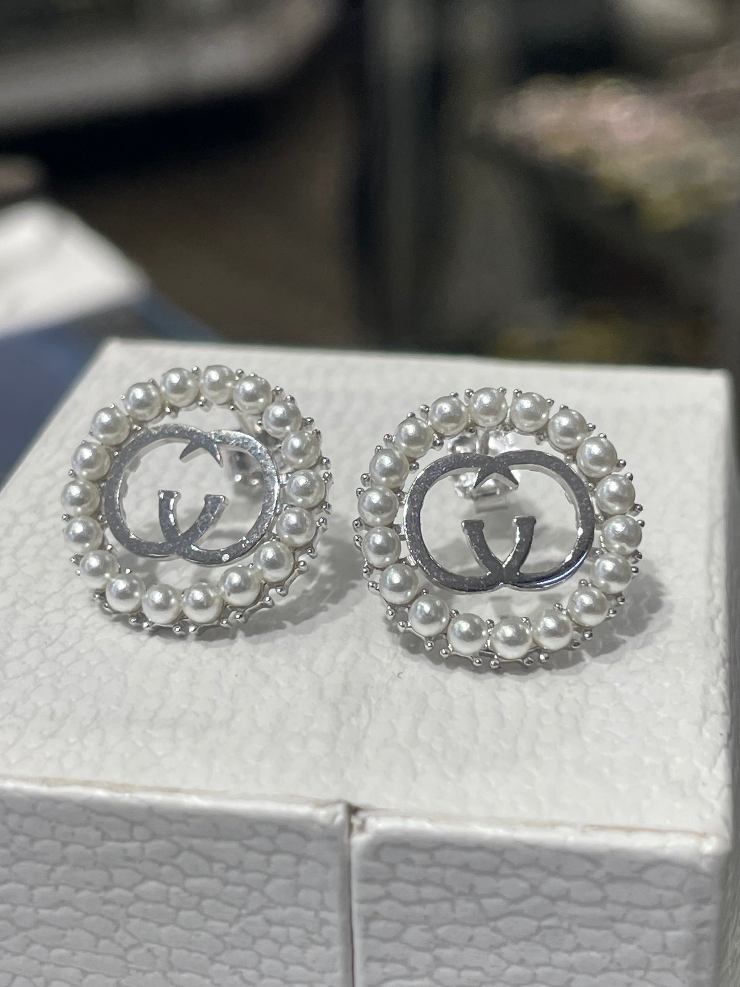 925 Sterling Silver GG Logo Gucci Style Pearl Halo Stud Earrings