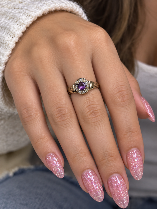 10k Gold Vintage Amethyst & South Sea Indian Pearl Ring Size 6