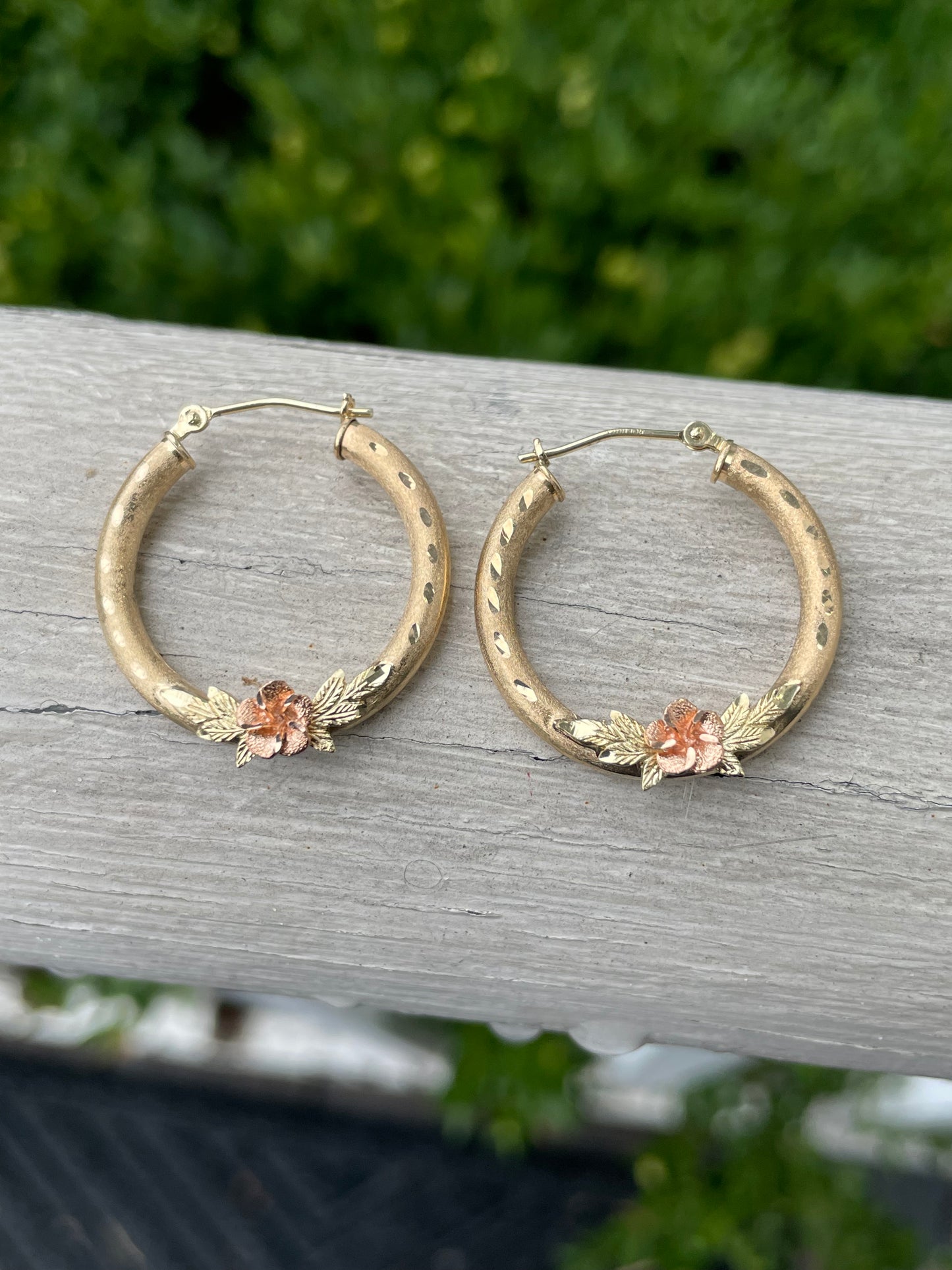 14k Gold tri-color “Delicate Rose” Diamond cut hoop earrings