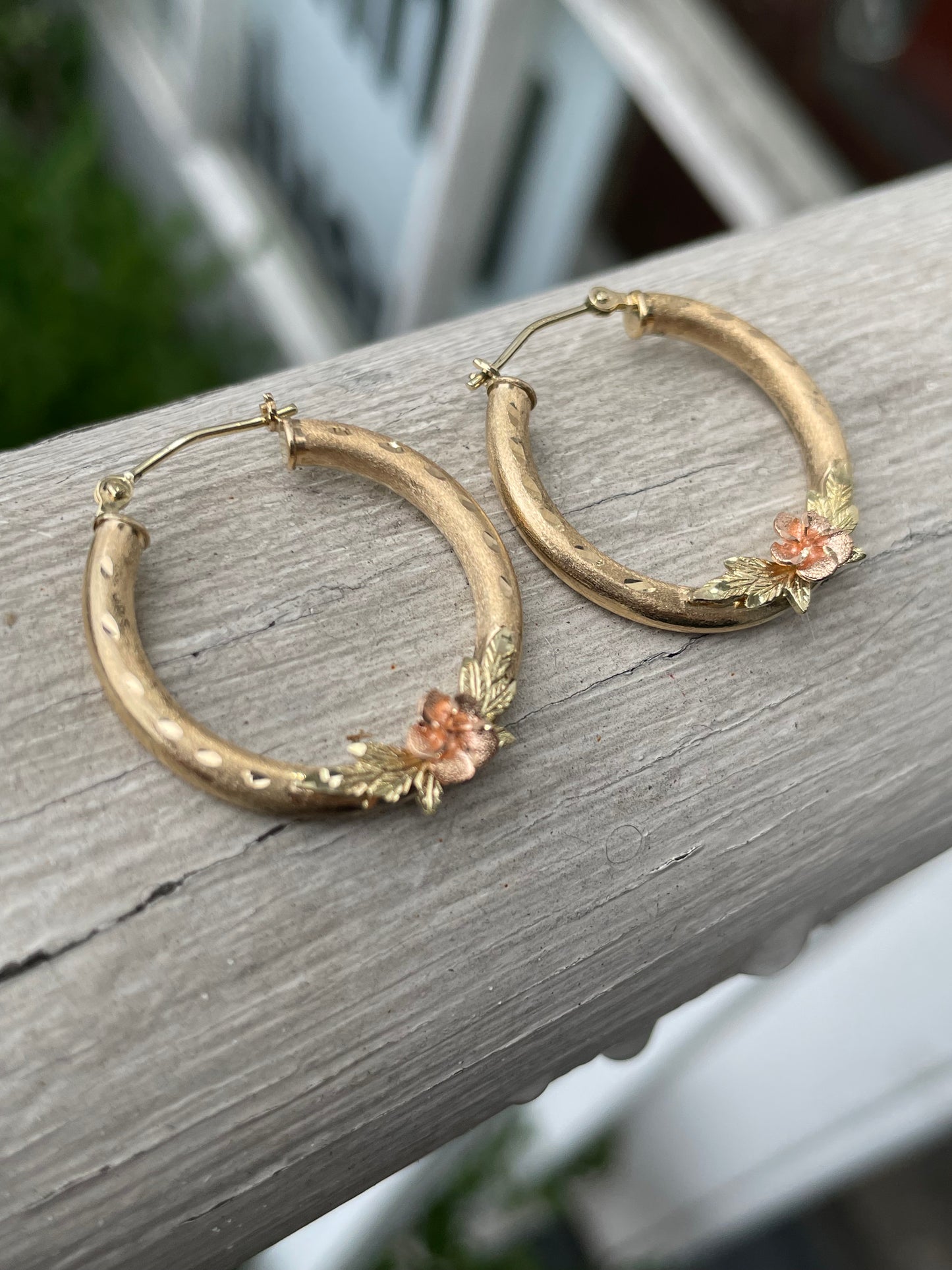 14k Gold tri-color “Delicate Rose” Diamond cut hoop earrings