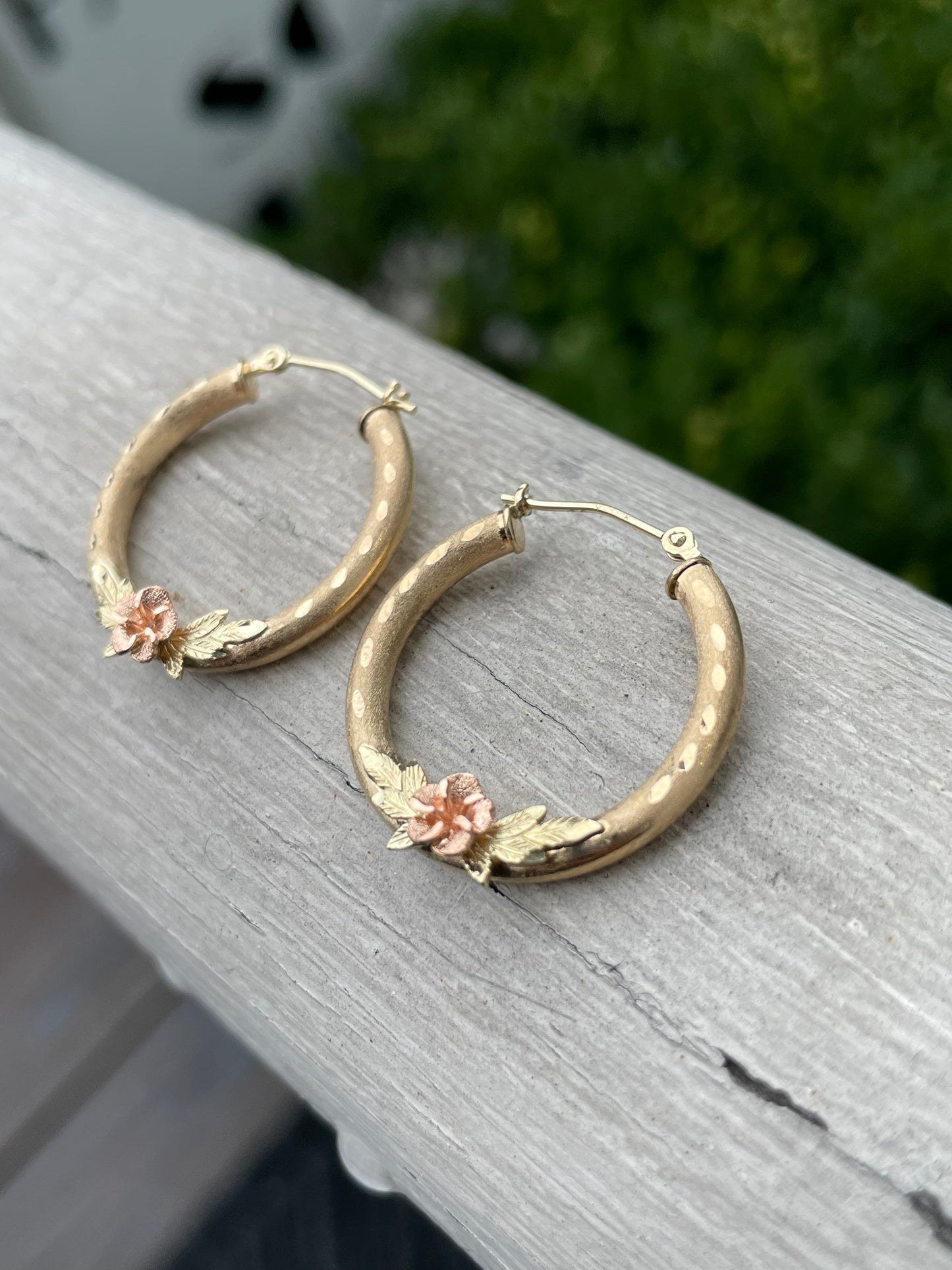 14k Gold tri-color “Delicate Rose” Diamond cut hoop earrings