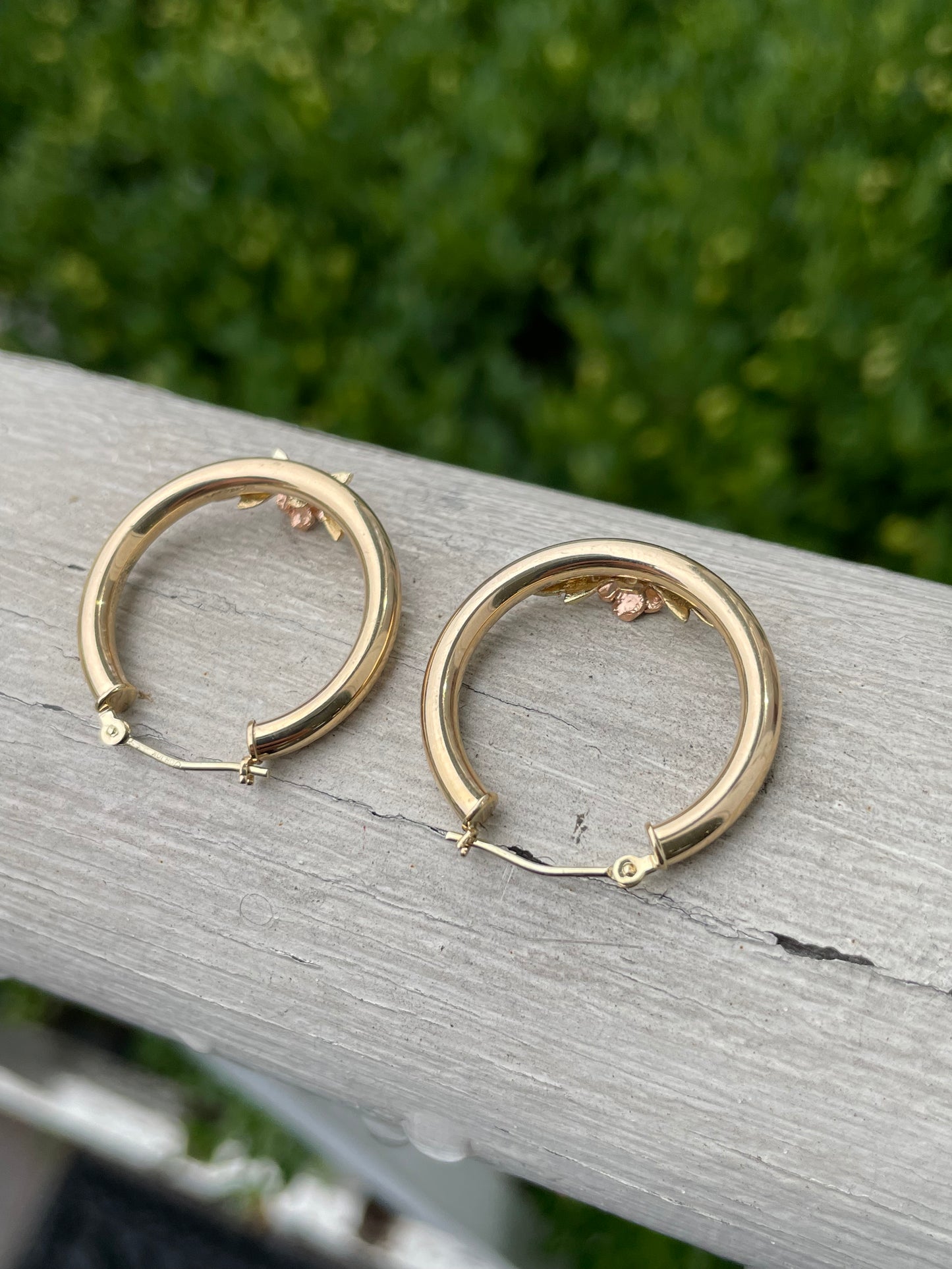 14k Gold tri-color “Delicate Rose” Diamond cut hoop earrings