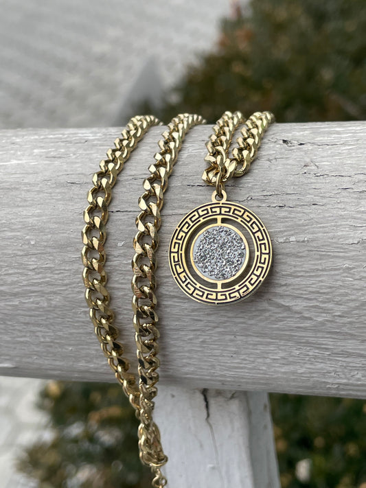 Stainless Steel Vermeil Greek Key Medallion Cuban Link Necklace