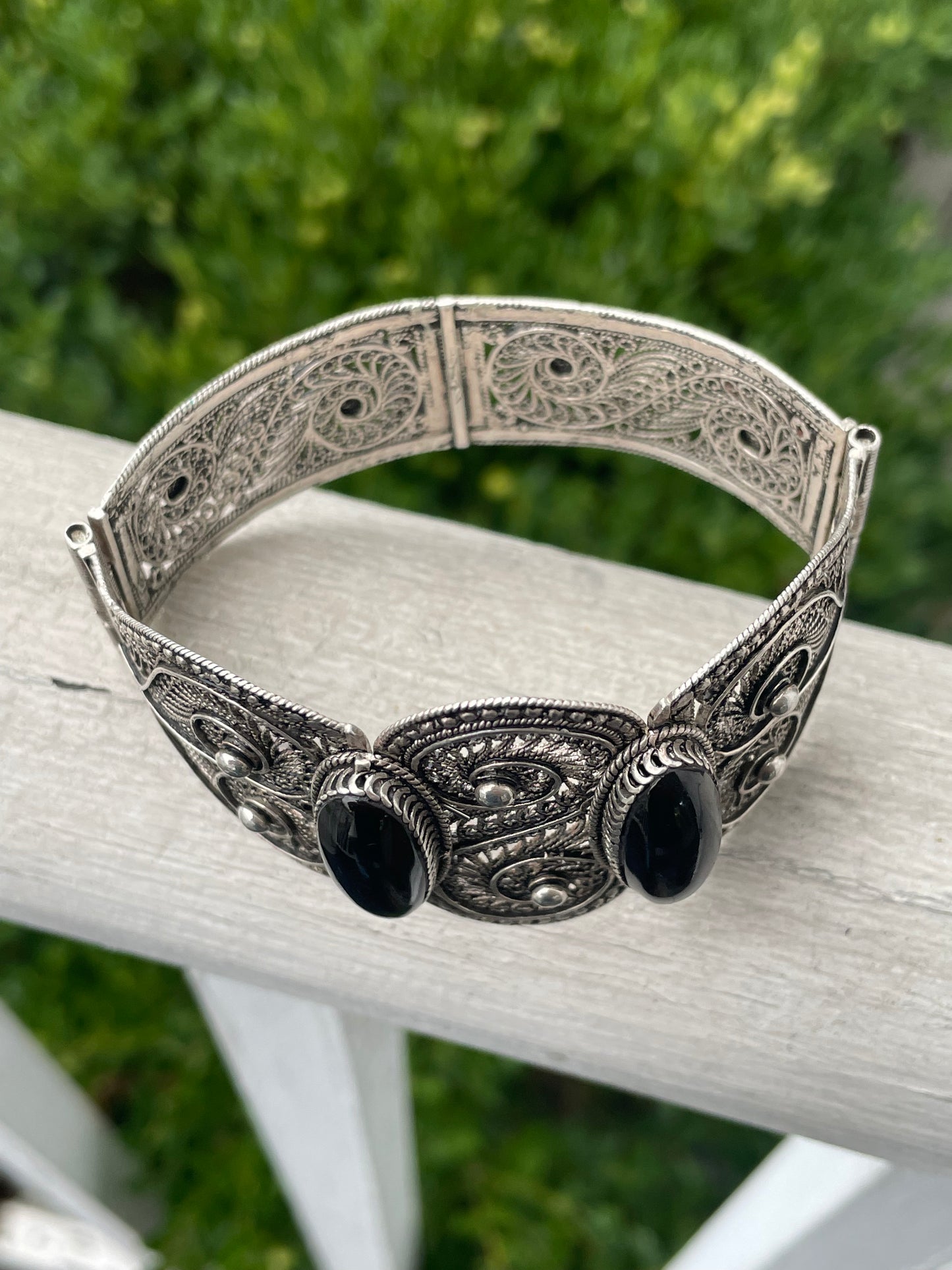 925 Sterling Silver Intricate Wide Filigree Onyx Bracelet 7”