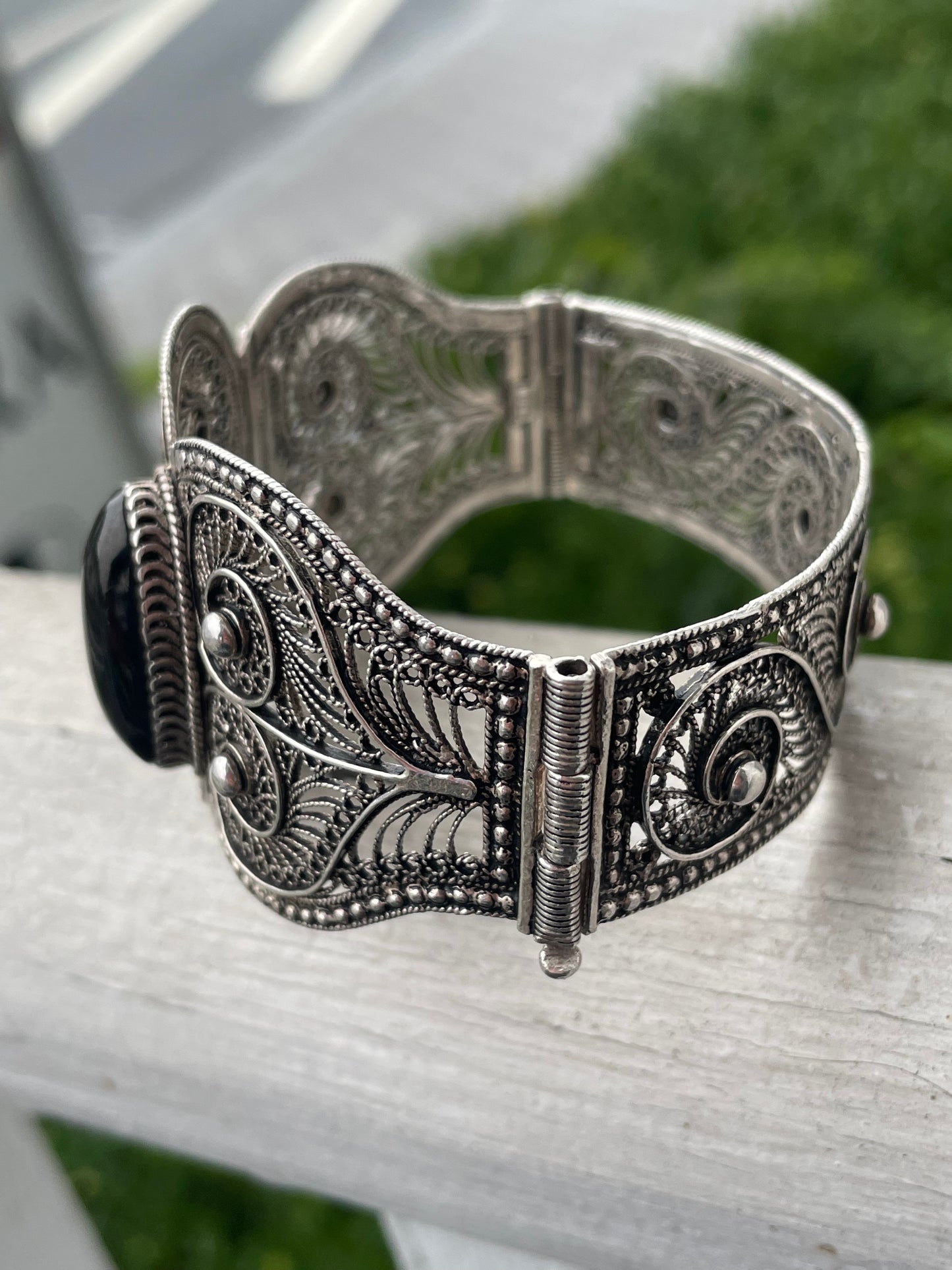 925 Sterling Silver Intricate Wide Filigree Onyx Bracelet 7”