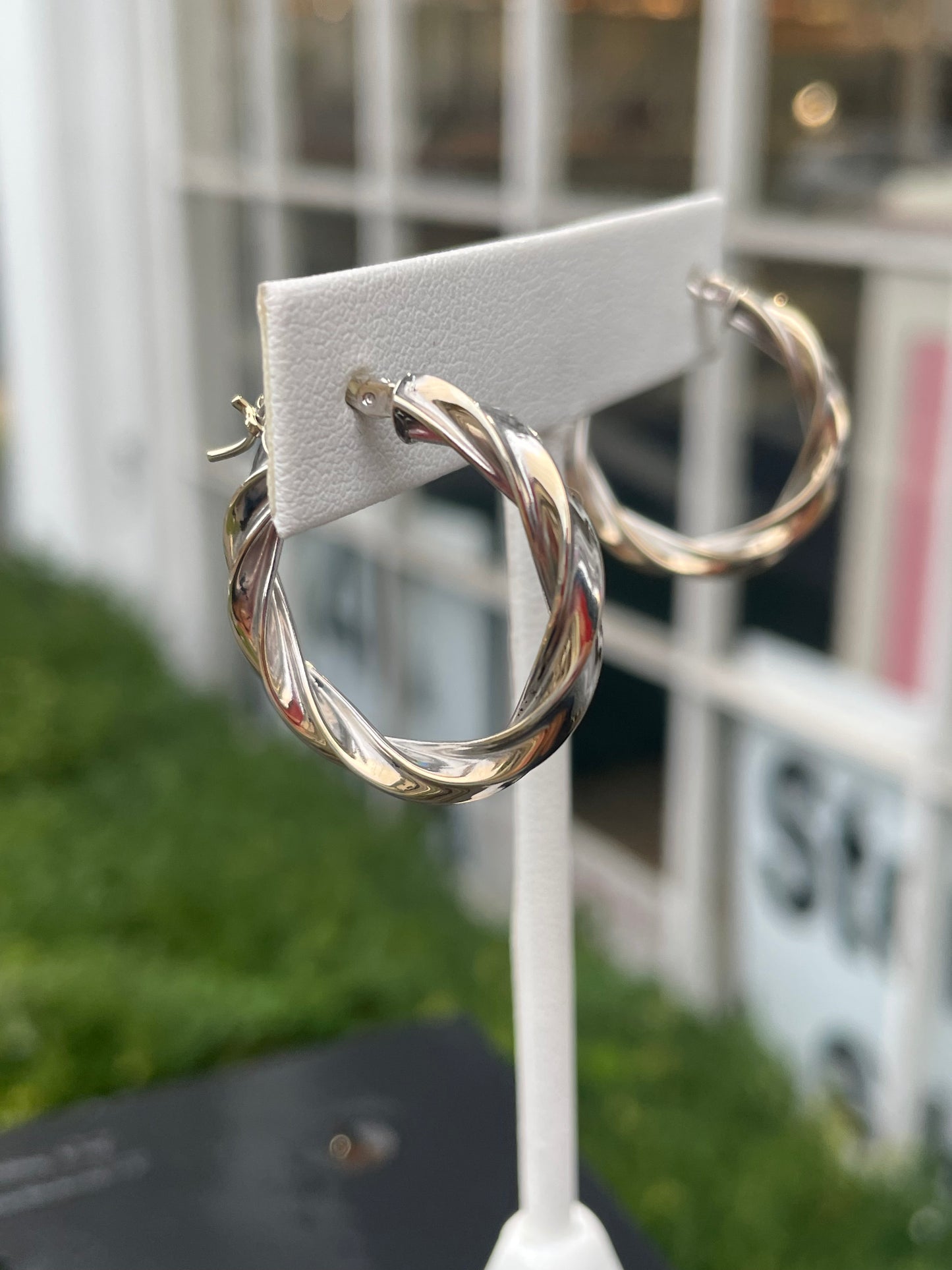 14k 2tone White & Yellow Gold Twist Hoop Earrings