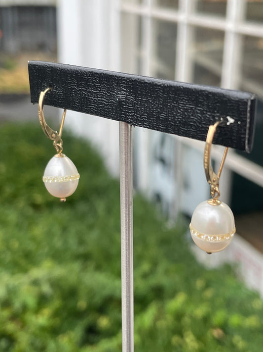 14k Gold Freshwater & Cz Pearl Dangle Earrings