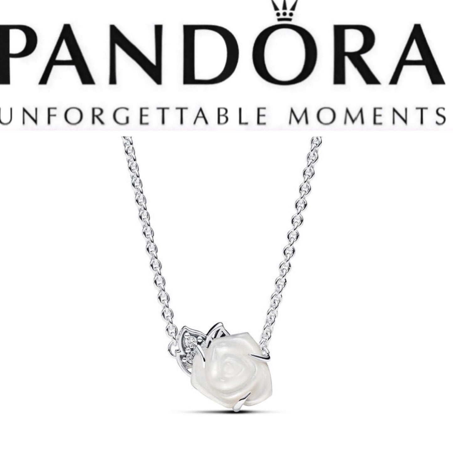 Pandora 393206C01-45 White Rose in Bloom Necklace with Mother of Pearl