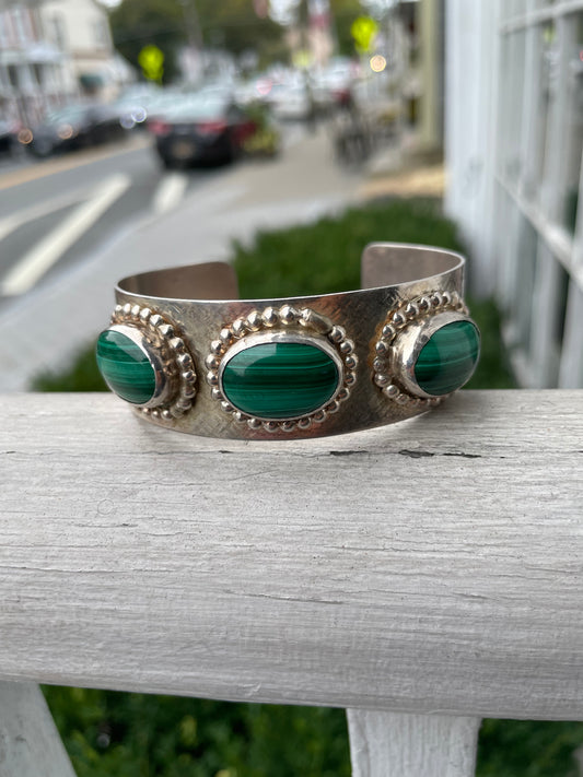 925 Sterling Silver Malachite Cuff Bracelet 7.5”