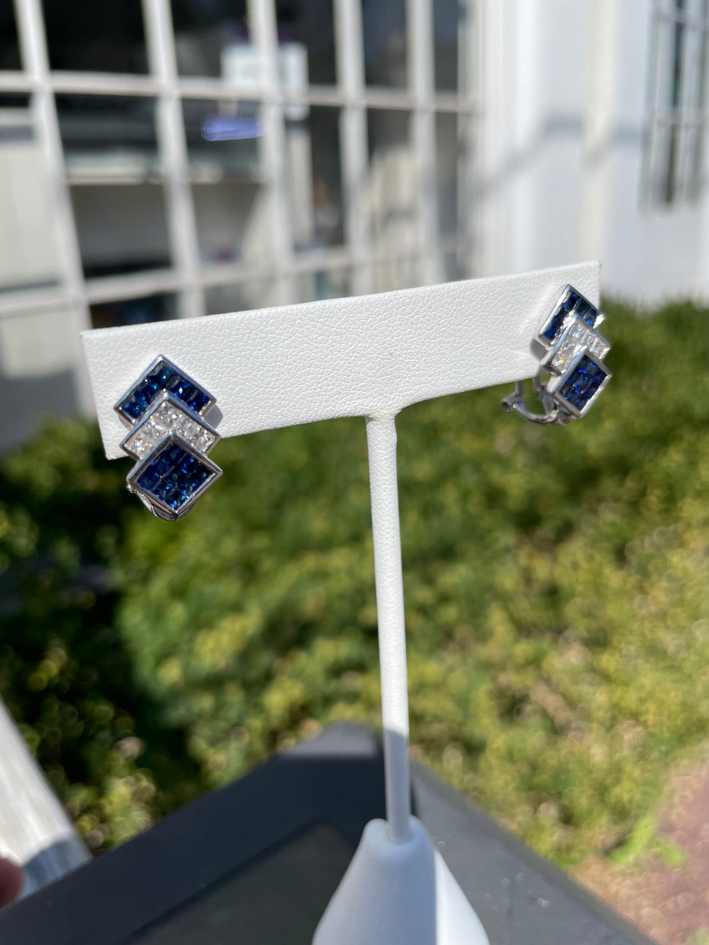 14k White Gold Sapphire & Diamond Modernist Designer Earrings