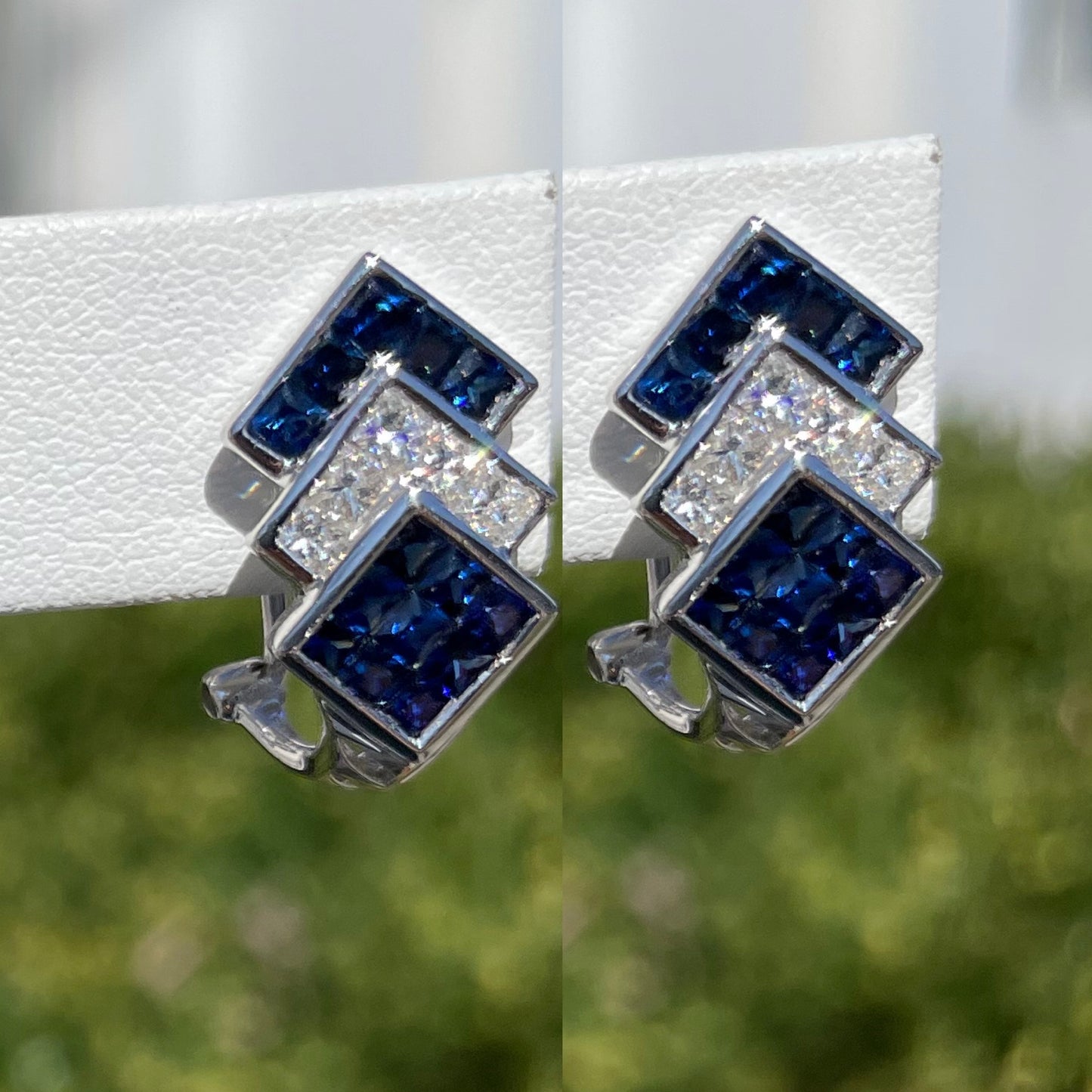 14k White Gold Sapphire & Diamond Modernist Designer Earrings