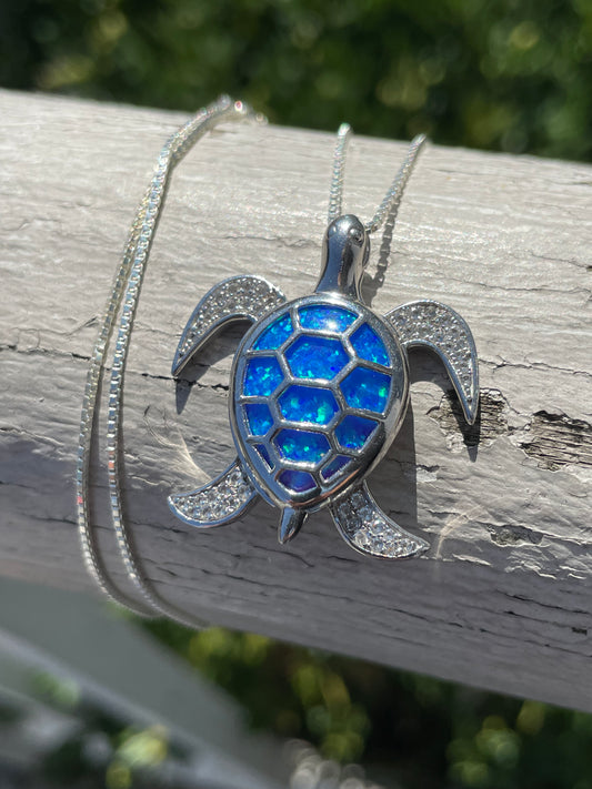 925 Sterling Silver Blue Fire Opal Sea Turtle Locket Necklace