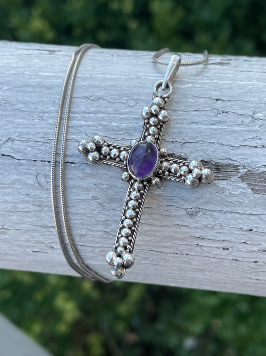 925 Sterling Silver Amethyst Beaded Cross Necklace