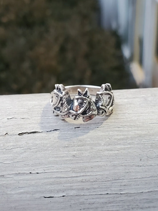 925 Sterling Silver Triple Horse Head Ring