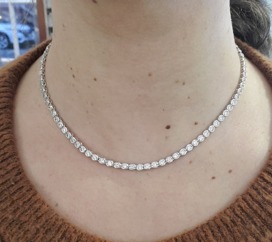 925 Sterling Silver Tennis Necklace w/ Bezel set Clear Zirconia Wreath