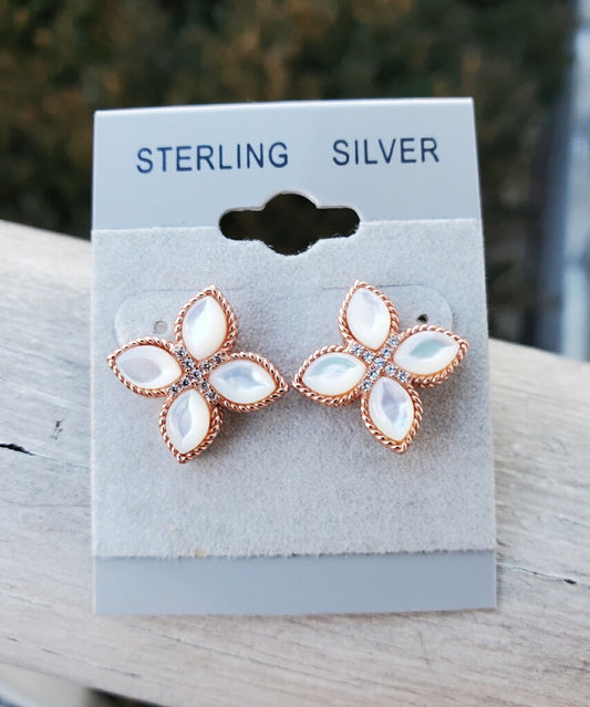 925 Sterling Silver Rose Vermeil Mother of Pearl Quatrefoil Earrings