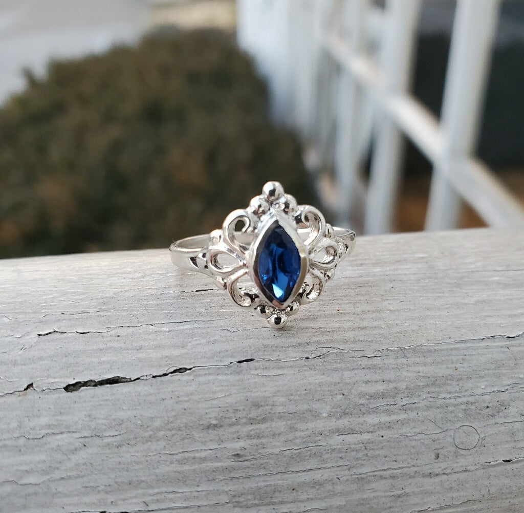 925 Sterling Silver Marquis Simulated Sapphire Filigree Ring