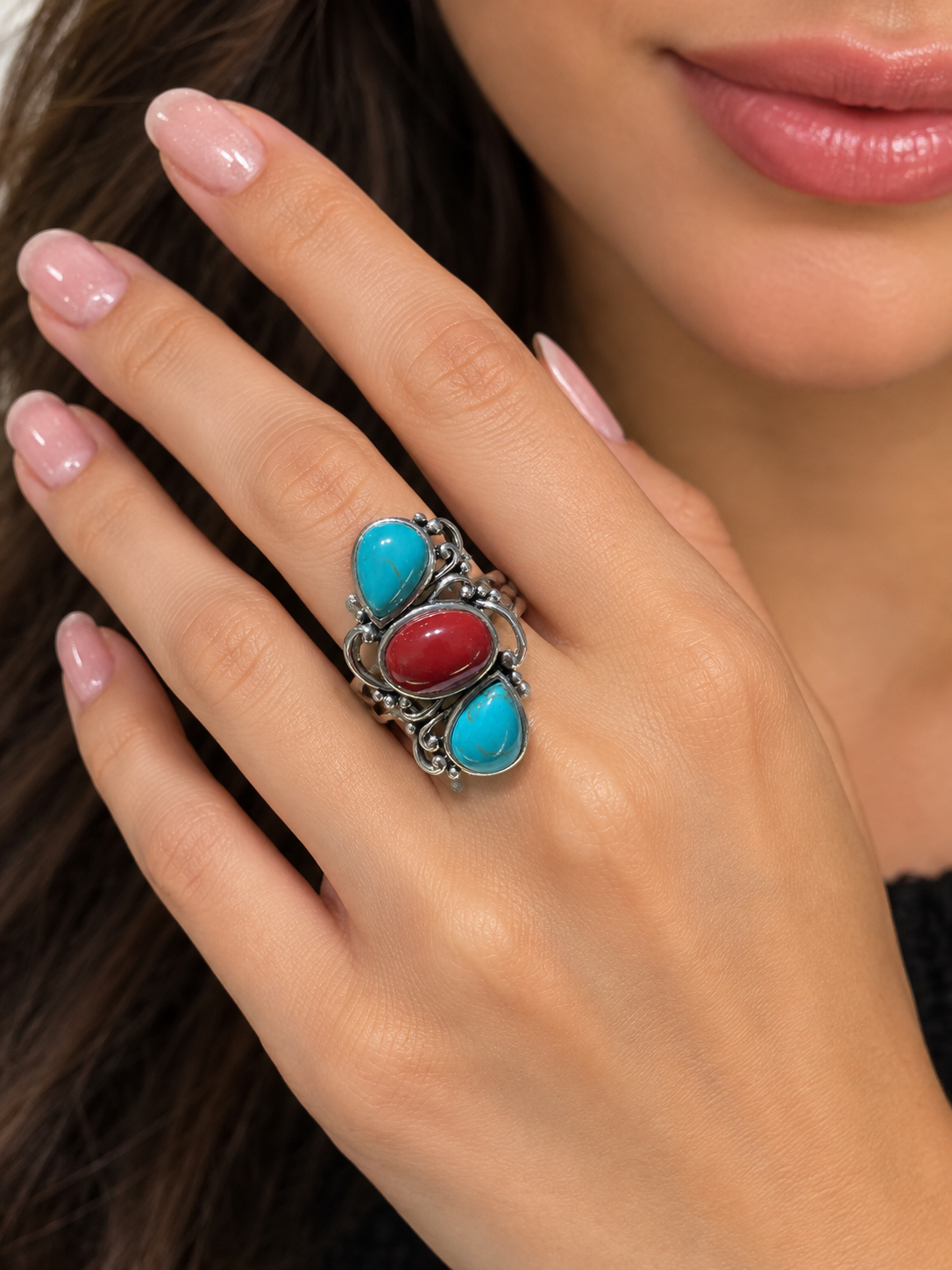 Designer CFJ 925 Sterling Silver Turquoise & Carnelian Vertical Past Present Future Ring Size 7