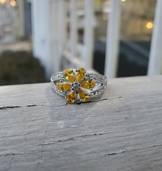 925 Sterling Silver Rays of Sunshine Simulated Citrine Flower Ring