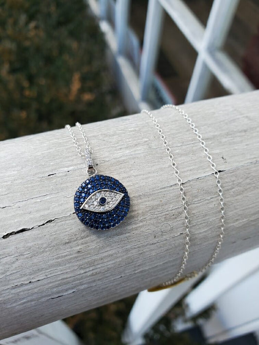 925 Sterling Silver Blue & Clear Pave Zirconia Evil Eye Necklace