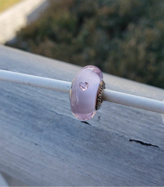 Retired Pandora Pink Heart Effervescent Glass Murano Bead