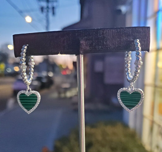 925 Sterling Silver “Love’s Embrace” Malachite Heart Dangle Hoop Earrings