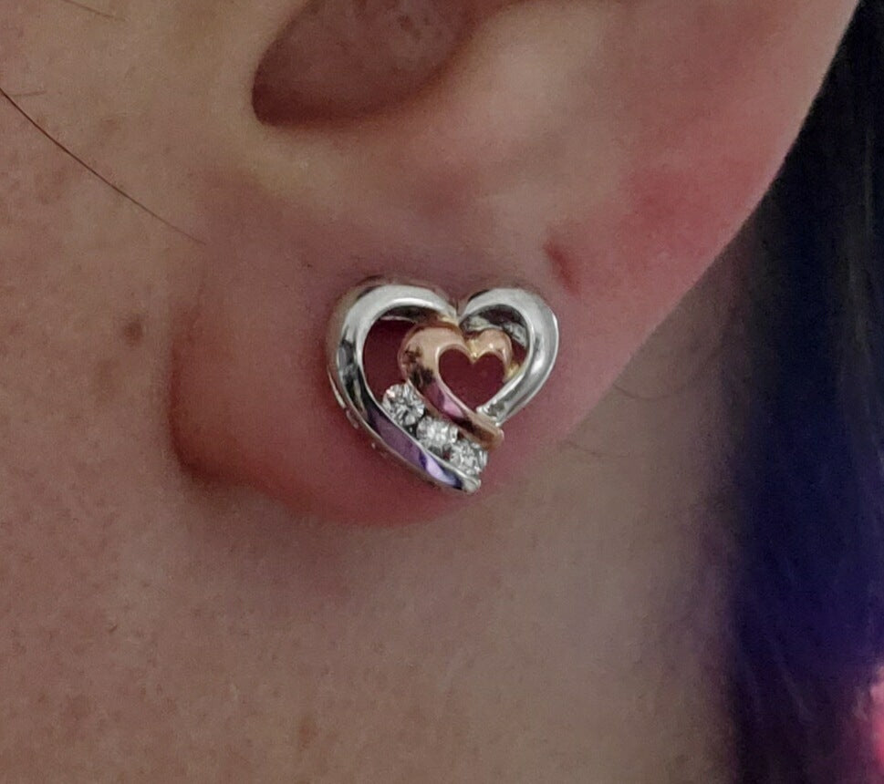 10k White & Rose Gold Diamond Double Heart Earrings
