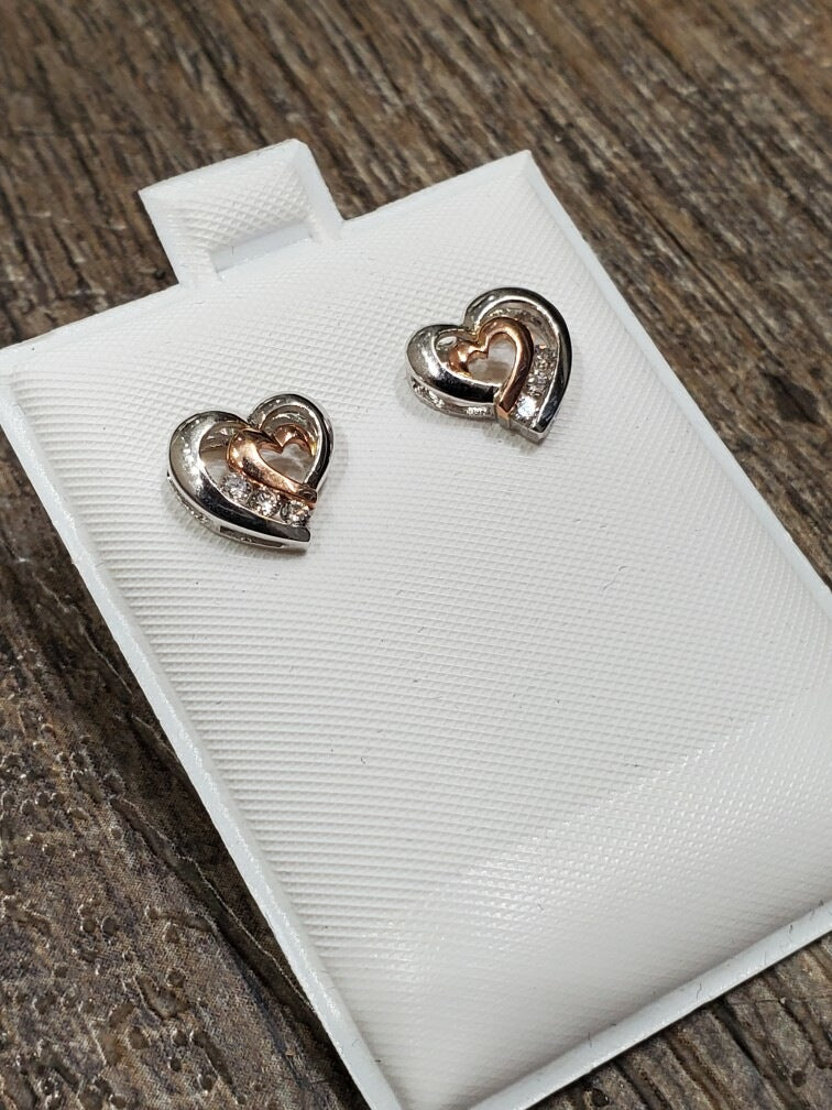 10k White & Rose Gold Diamond Double Heart Earrings