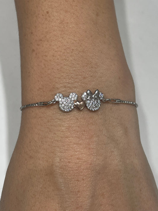 925 Sterling Silver Licensed Mickey Loves Minnie Sparkling Bracelet