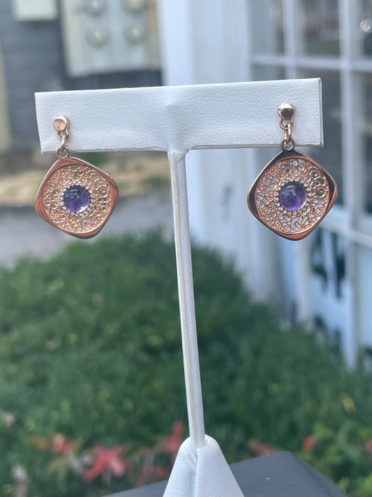 925 Sterling Silver Rose Vermeil Lace Filigree Amethyst Dangle Drop Earrings