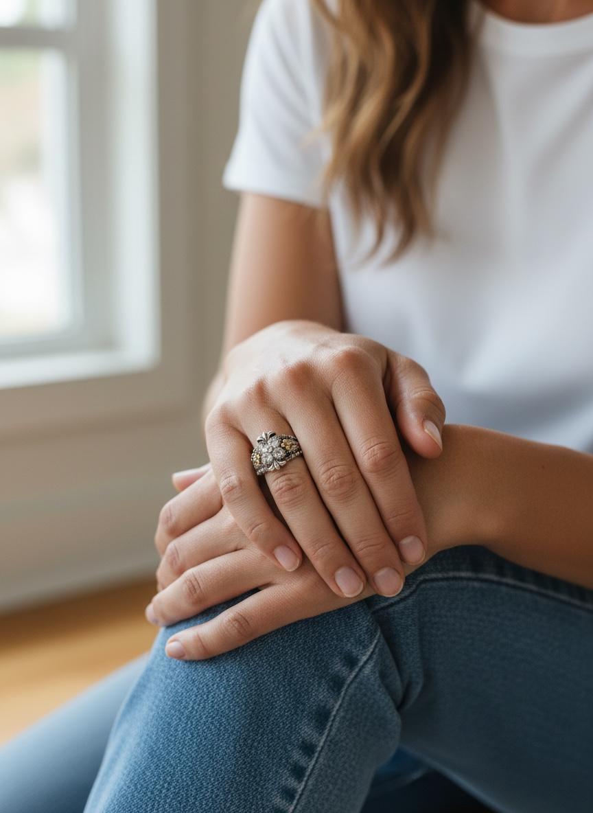 Designer Barbara Bixby Silver & 18k Gold White Topaz Clover Ring Size 9