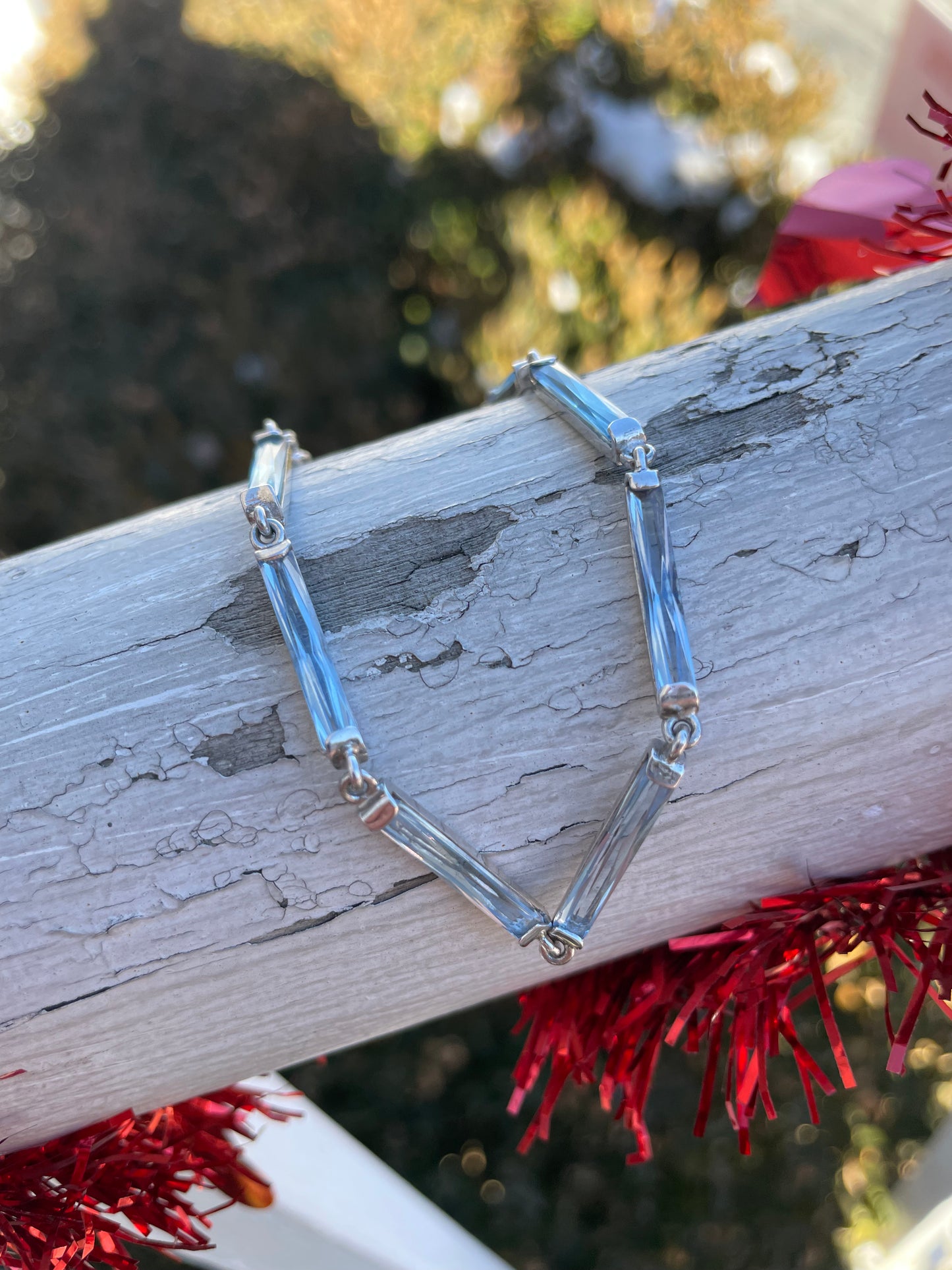 925 Sterling Silver Aquamarine Stone Bar Link Bracelet