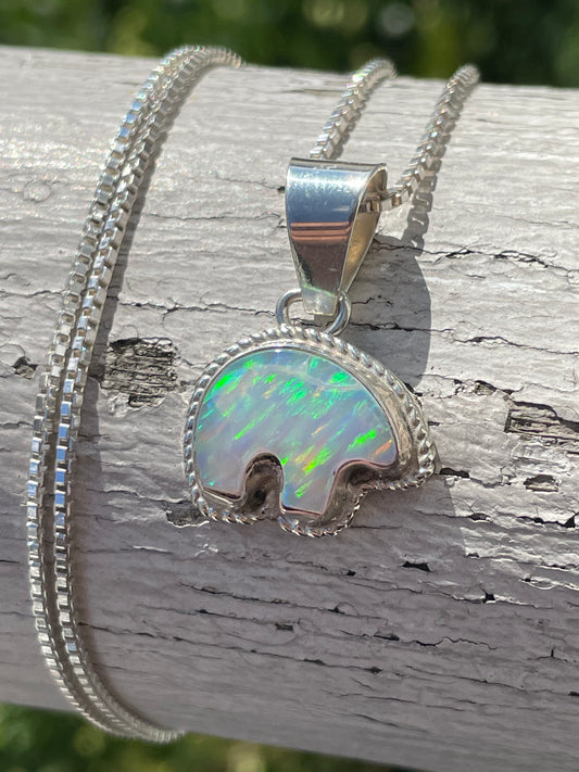 925 Sterling Silver Opal Running Bear Logo Necklace 20”