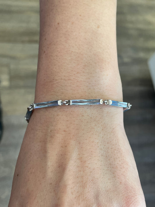 925 Sterling Silver Aquamarine Stone Bar Link Bracelet