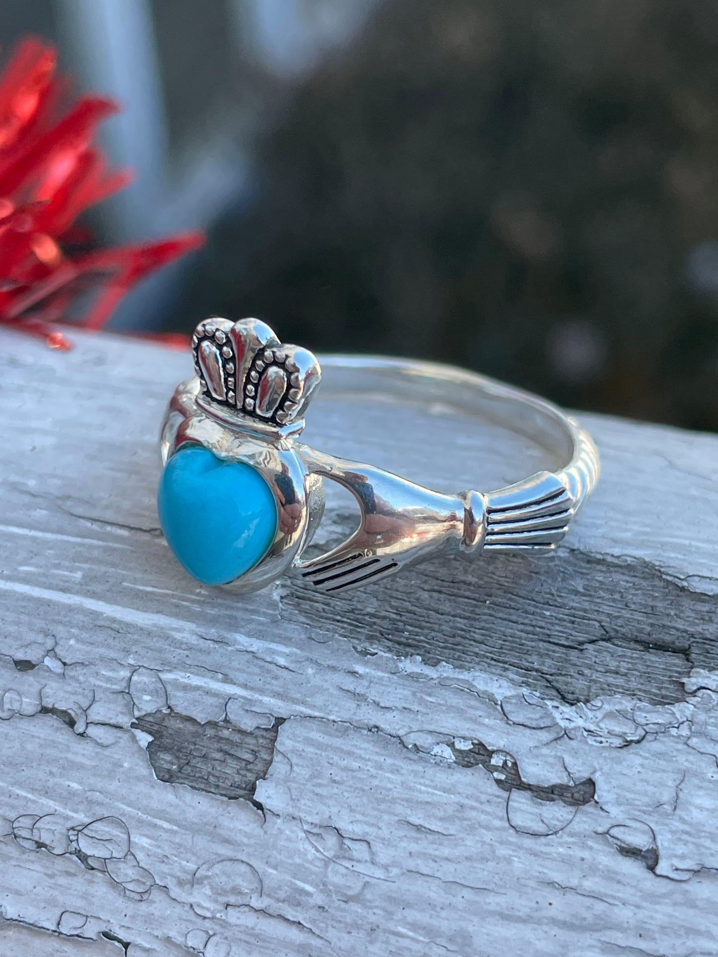 Designer JMH 925 Sterling Silver Sleeping Beauty Turquoise Claddagh Ring