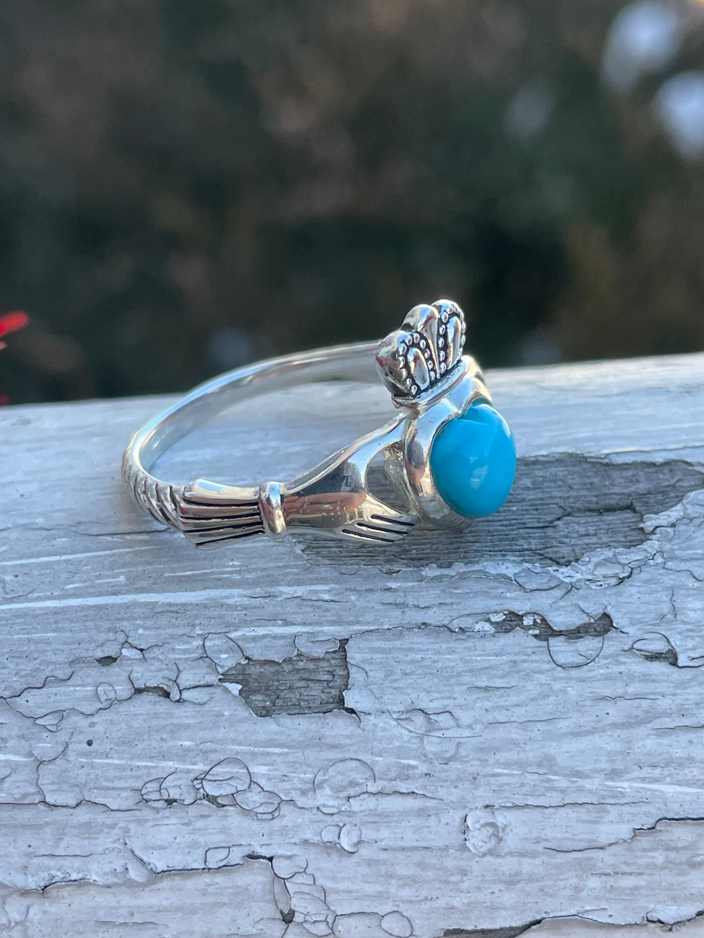 Designer JMH 925 Sterling Silver Sleeping Beauty Turquoise Claddagh Ring