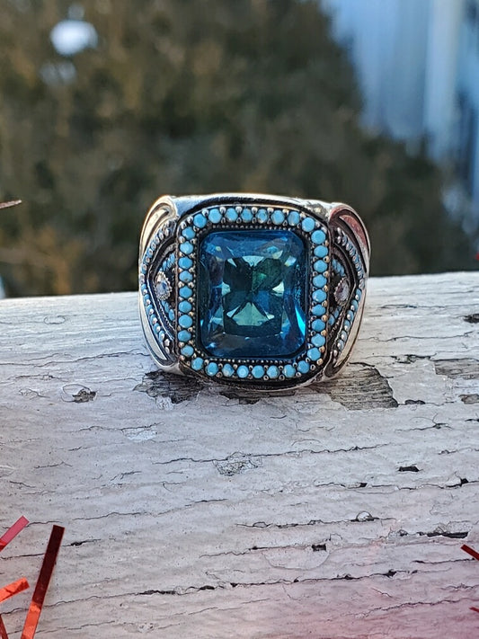 925 Sterling Silver Large Hampton Blue Topaz & Turquoise Ring
