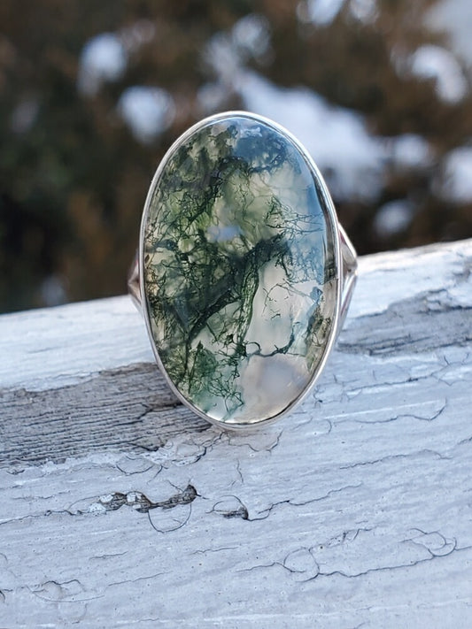925 Sterling Silver Mossy Agate Large Oval Solitaire Ring