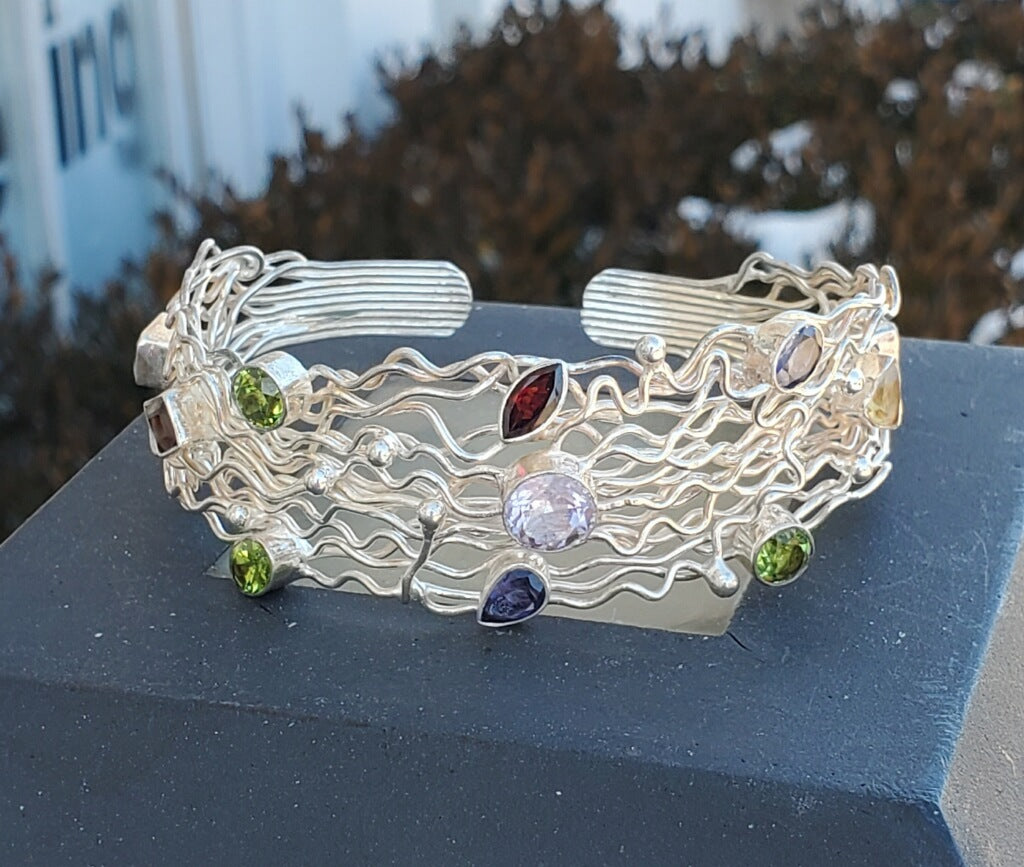 925 Sterling Silver Handmade Multi Gemstone Wired Cuff Bracelet