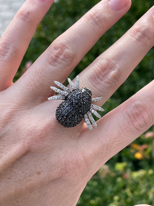 925 Sterling Silver Black & Clear Zirconia Spider Ring sz 7