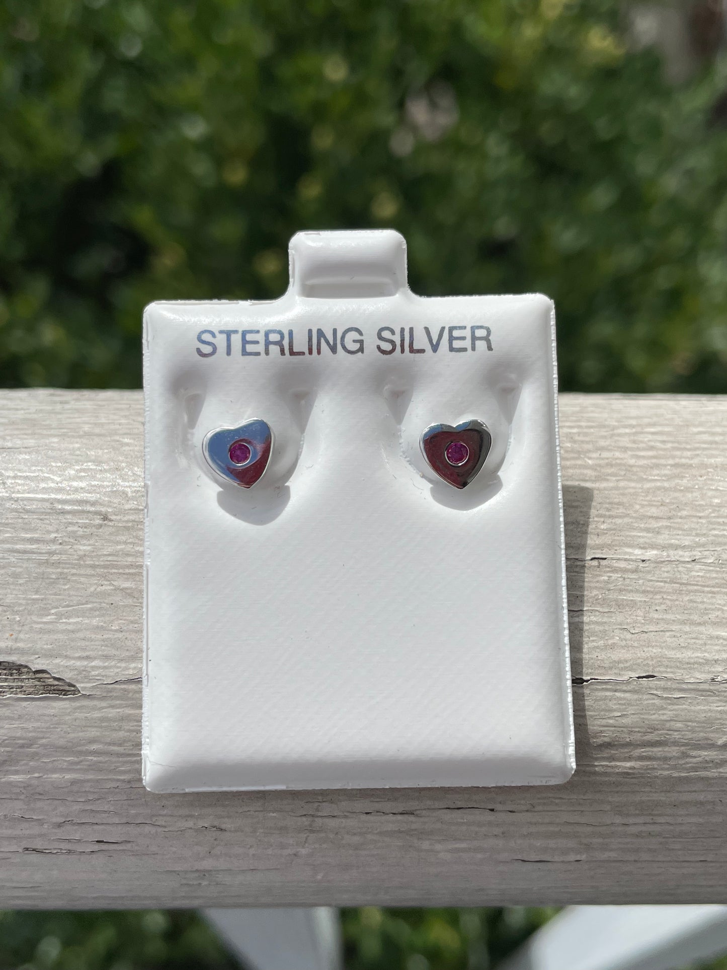 925 Sterling Silver Signet Heart Stud Earrings with Synthetic Ruby Centers