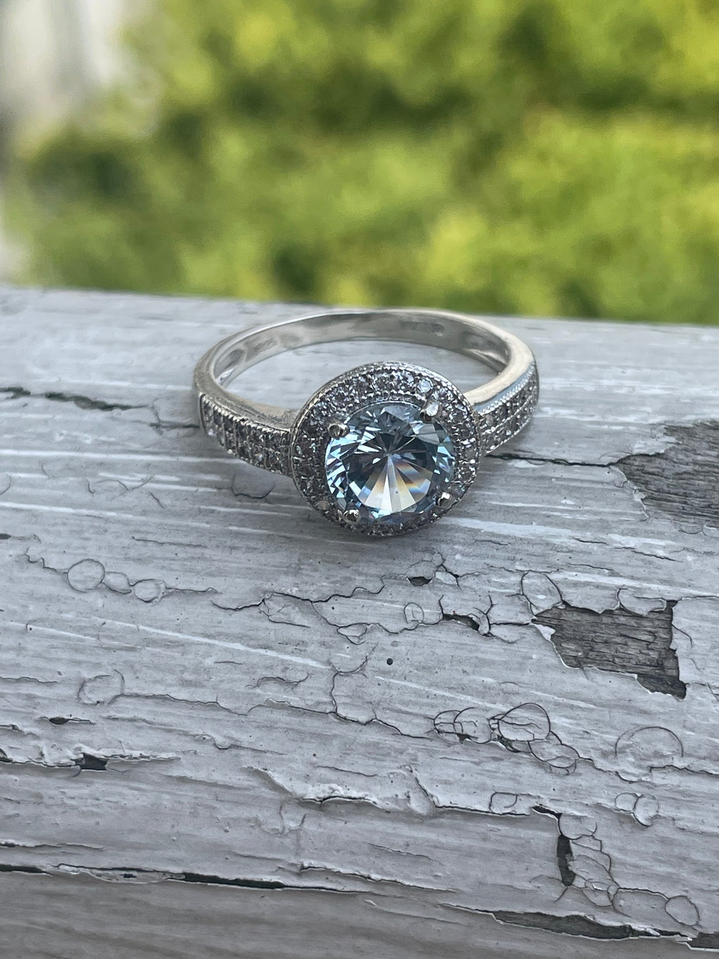 925 Sterling Silver Simulated Aquamarine Solitaire Ring with Clear Zirconia Halo & Sides