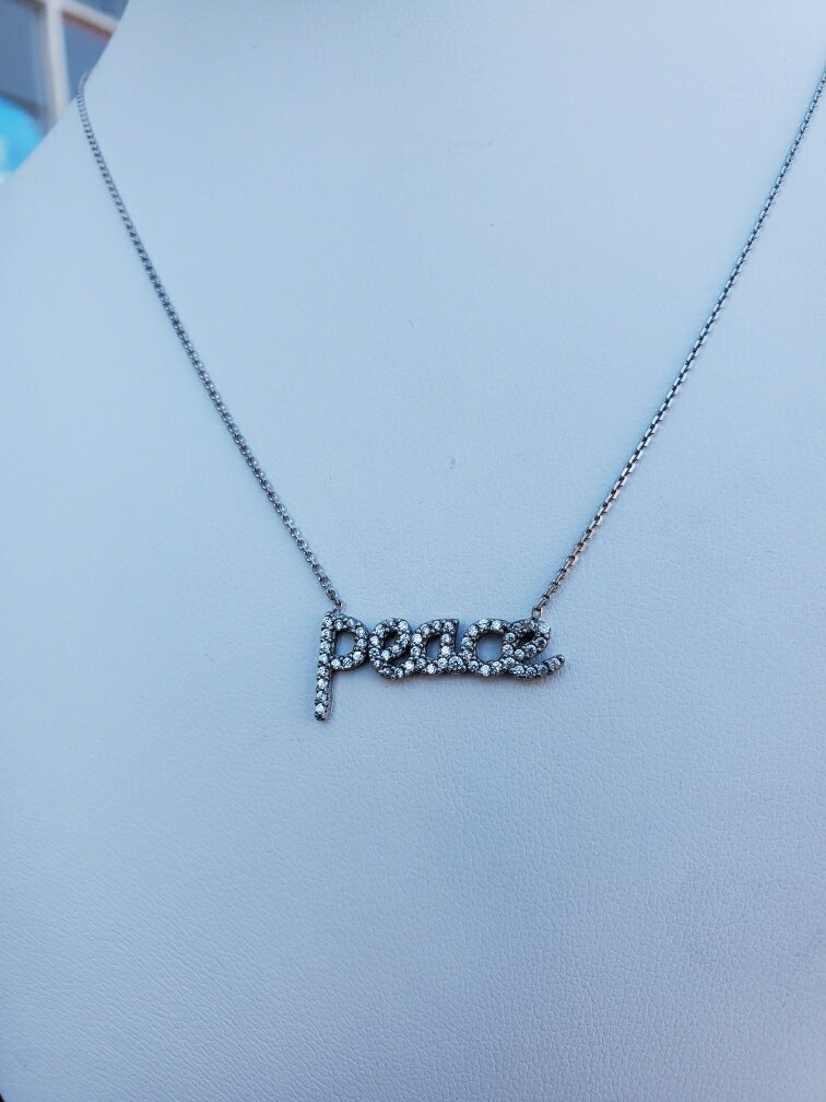 925 Sterling Silver Micro Pave’ Cubic Zirconia Peace Nameplate Necklace