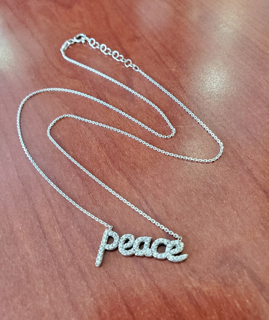 925 Sterling Silver Micro Pave’ Cubic Zirconia Peace Nameplate Necklace
