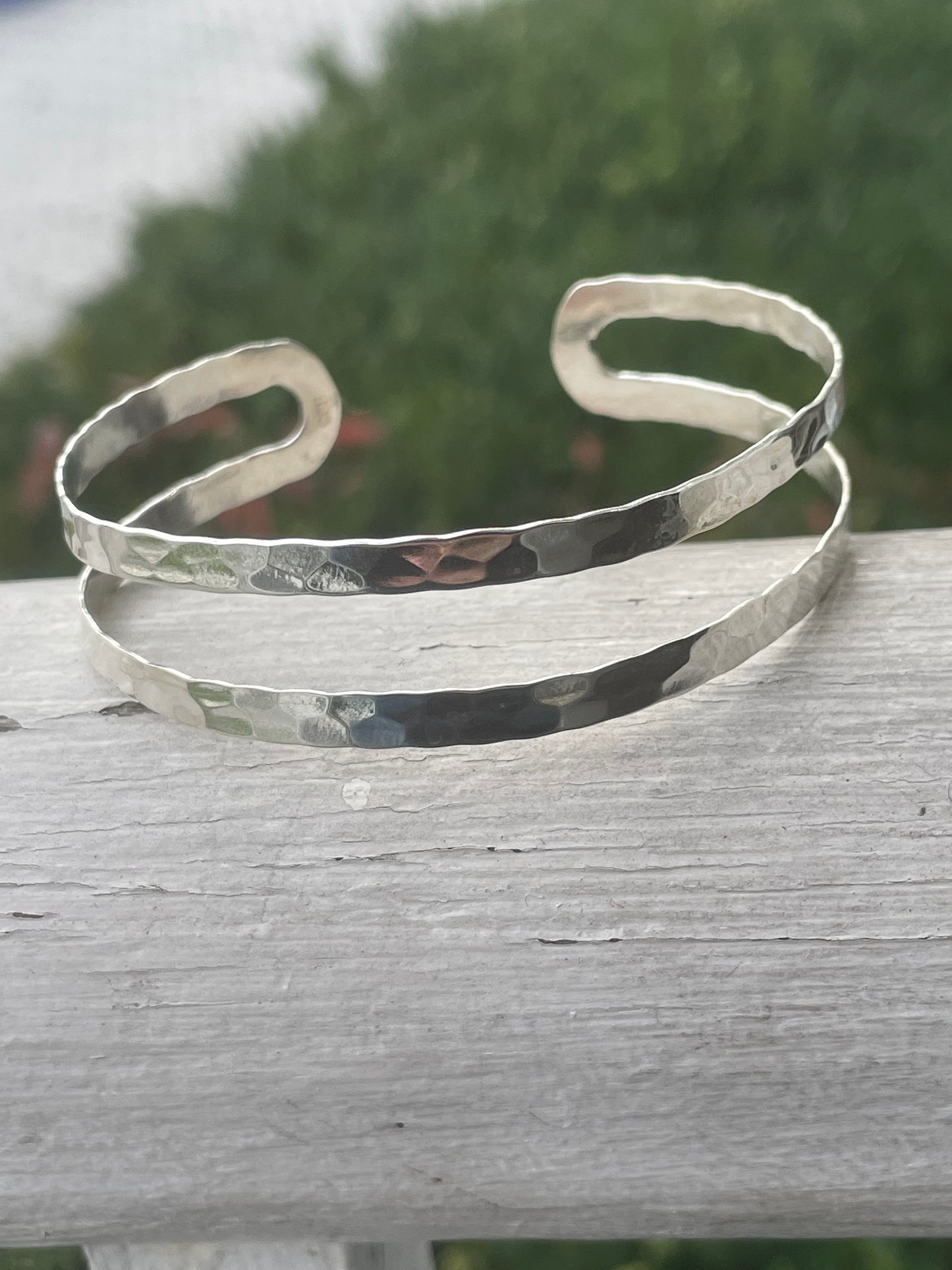 925 Sterling Silver Hammered Design Double Row Cuff Bracelet