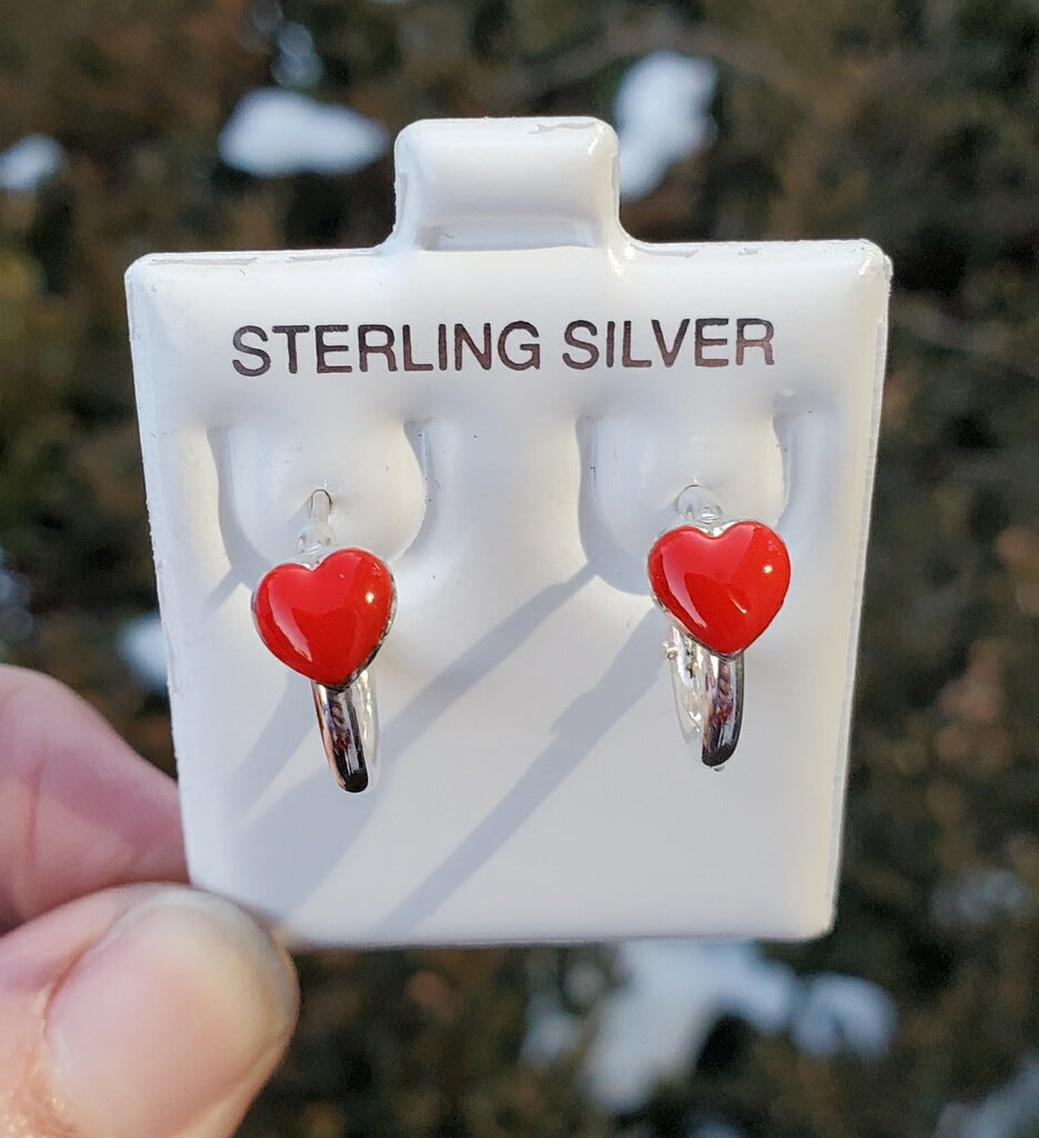 925 Sterling Silver Red Enamel Heart Huggie Hoop Earrings