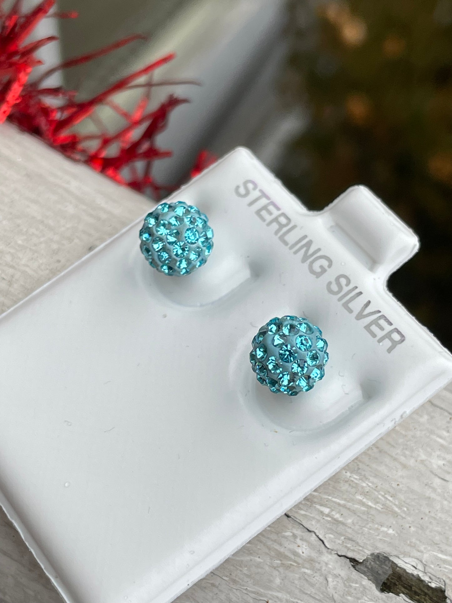 925 Sterling Silver Teal Blue Disco Ball Stud Earrings