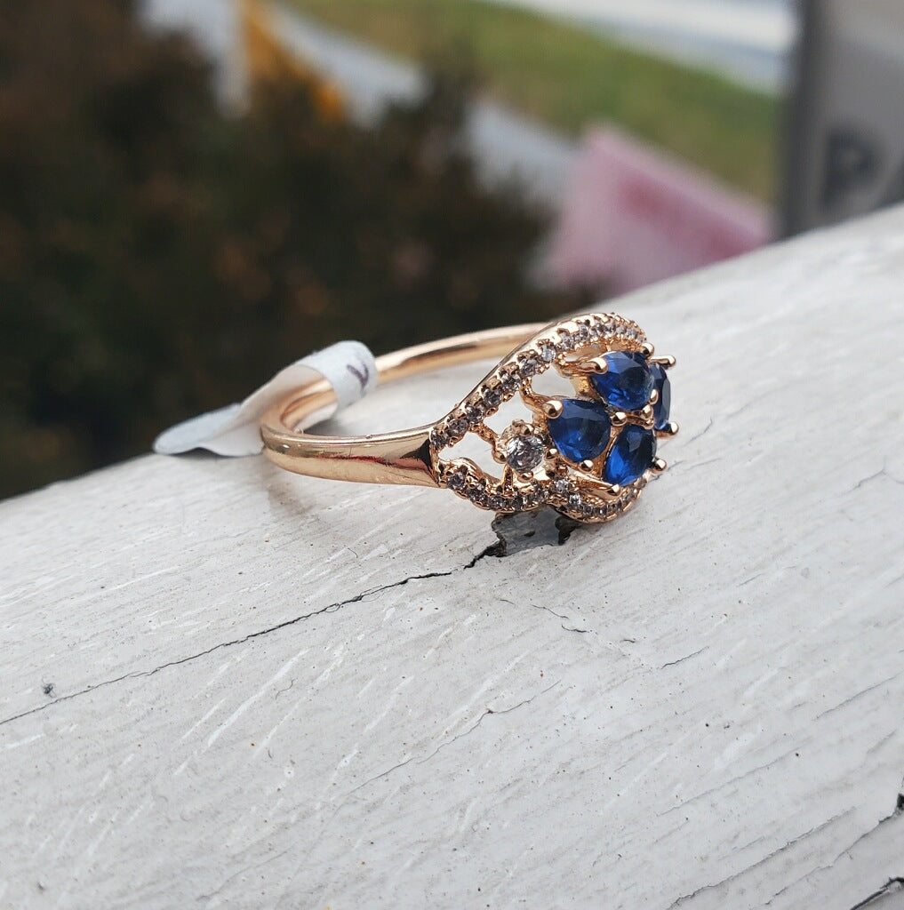Stainless Steel Rose Vermeil Simulated Sapphire & Cz Cluster Ring