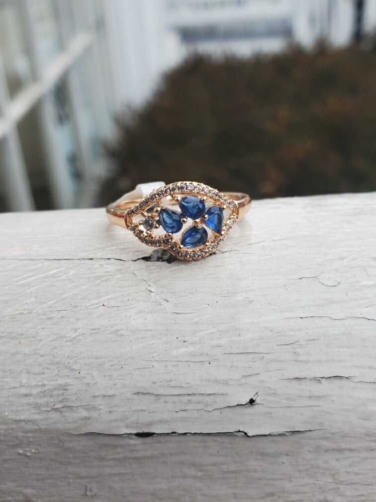 Stainless Steel Rose Vermeil Simulated Sapphire & Cz Cluster Ring